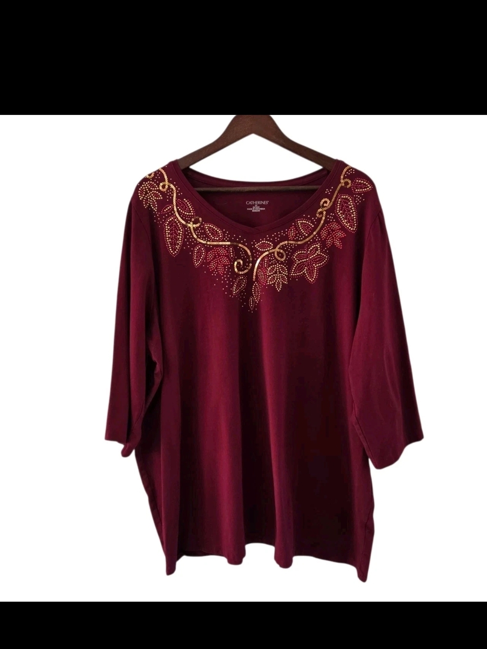 Catherines Burgundy Maroon Gold Sequins Rhinestone Top Shirt Womens 2X